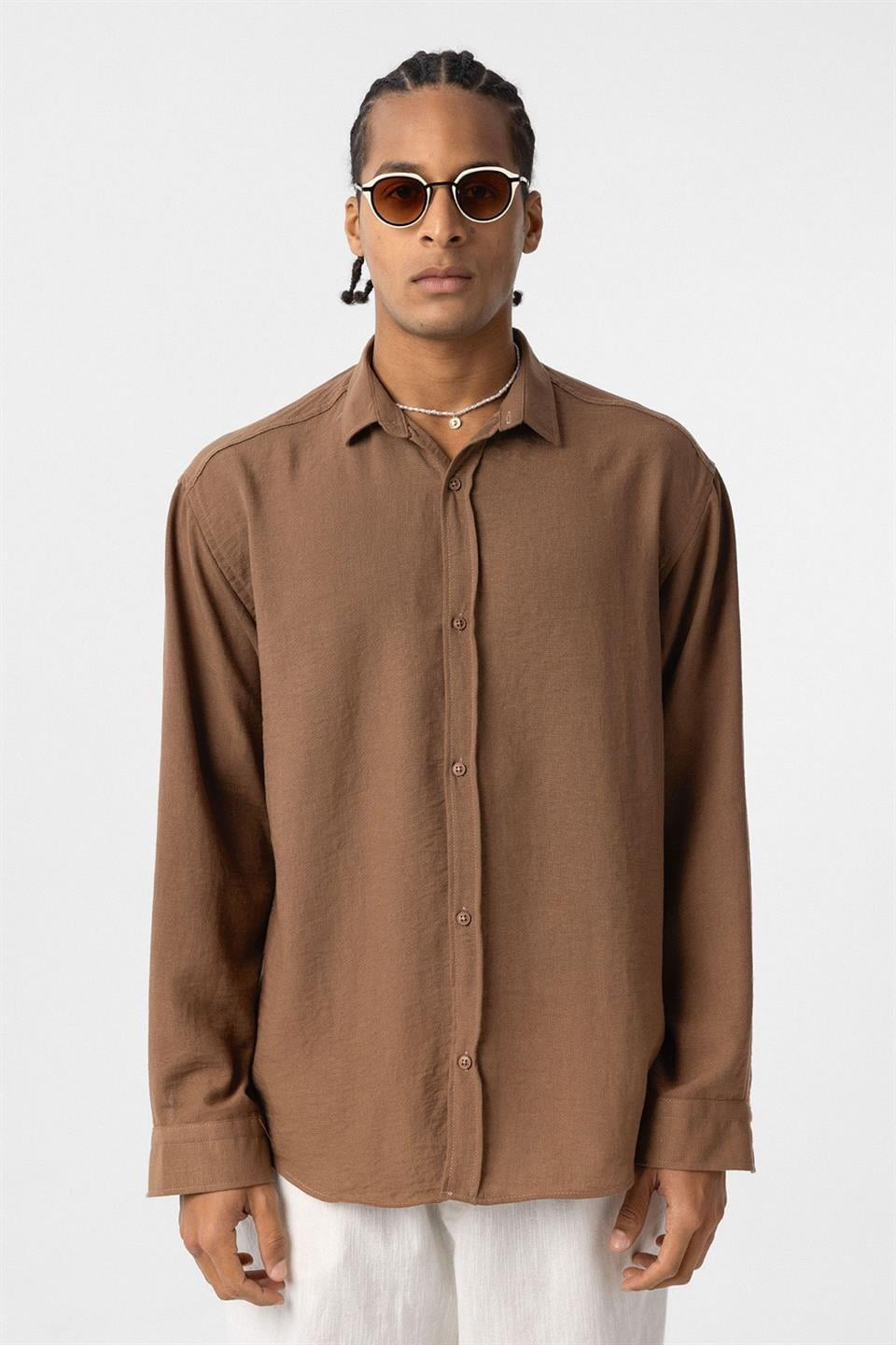 Basic Oversize Uzun Kol Keten Görünümlü Gömlek