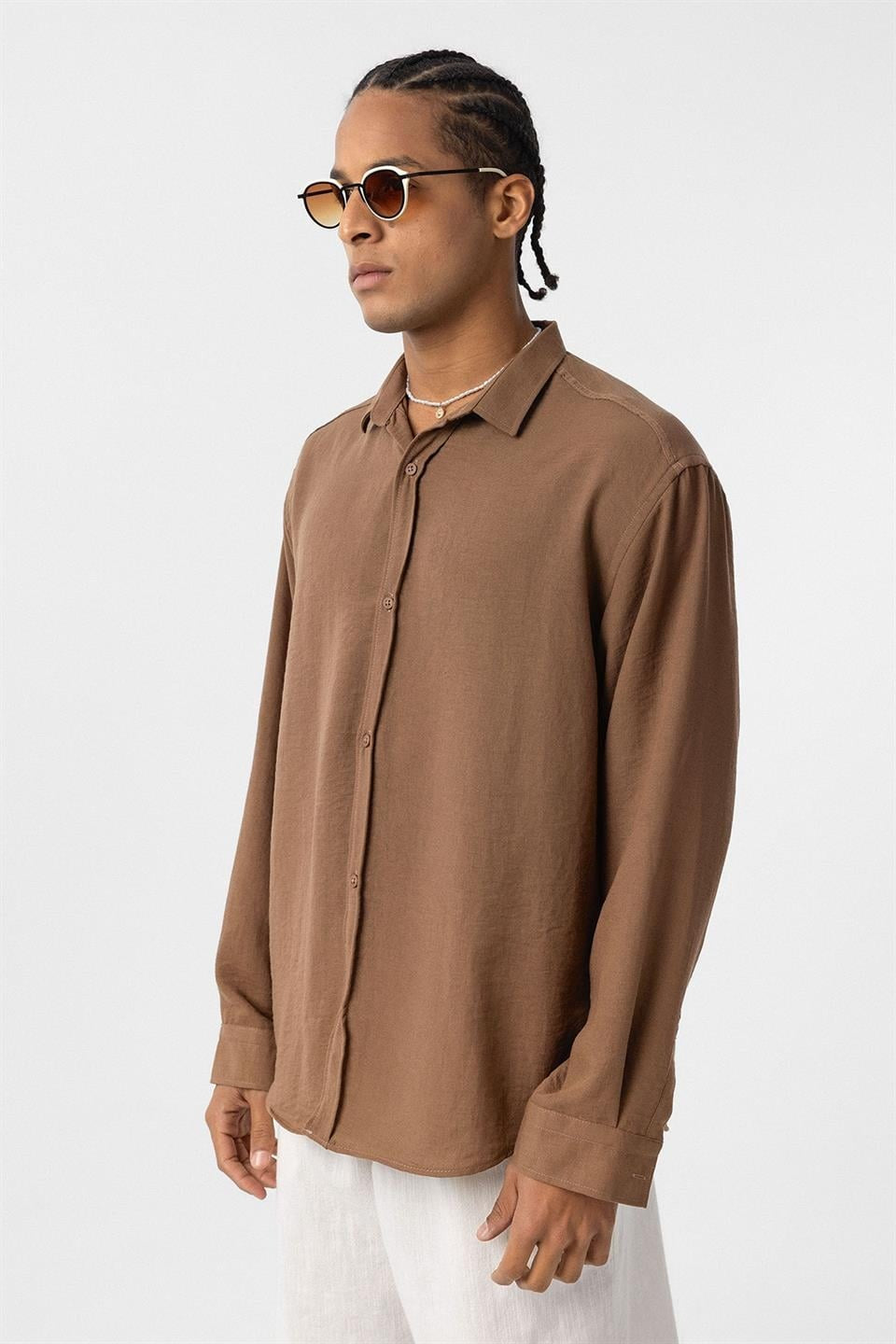 Basic Oversize Uzun Kol Keten Görünümlü Gömlek