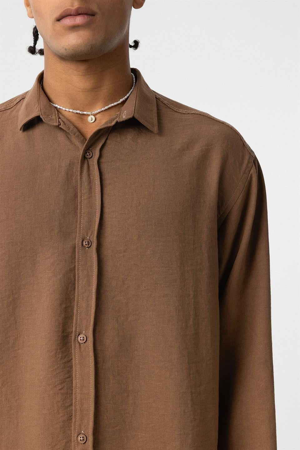 Basic Oversize Uzun Kol Keten Görünümlü Gömlek
