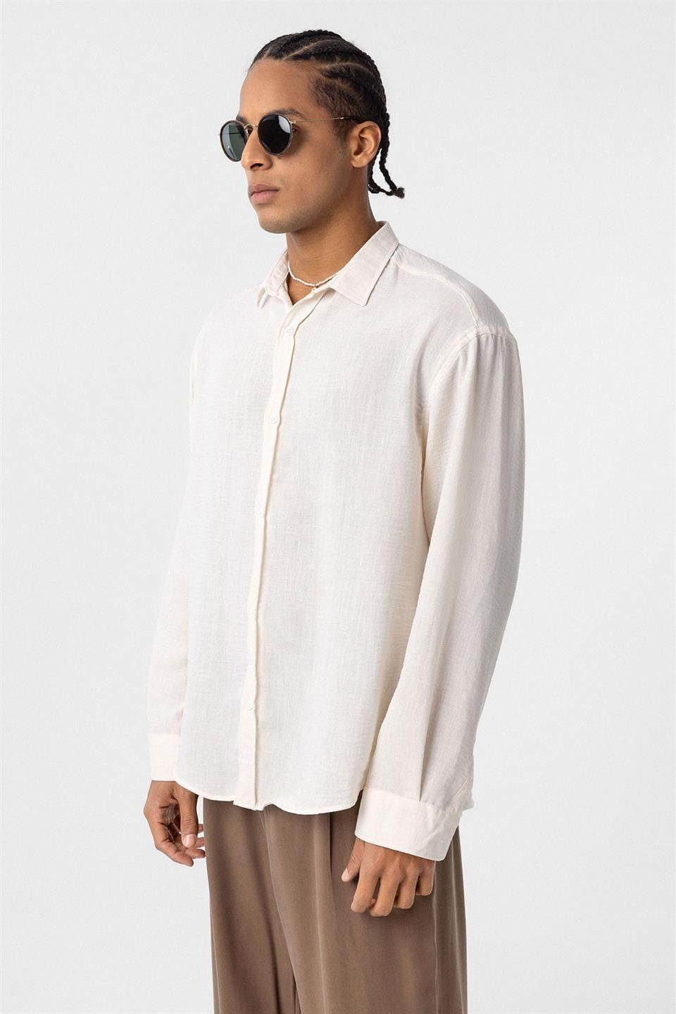 Basic Oversize Uzun Kol Keten Görünümlü Gömlek