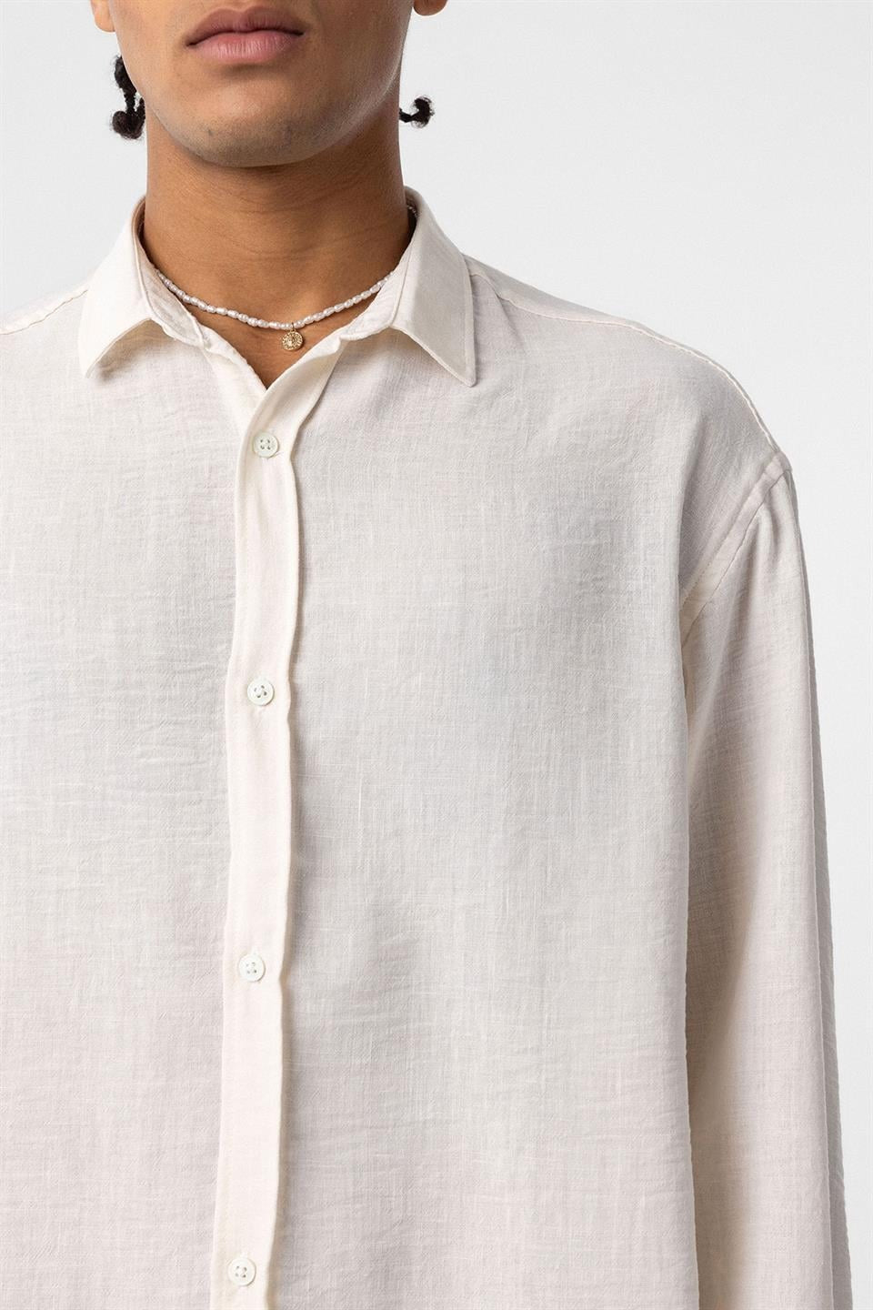 Basic Oversize Uzun Kol Keten Görünümlü Gömlek