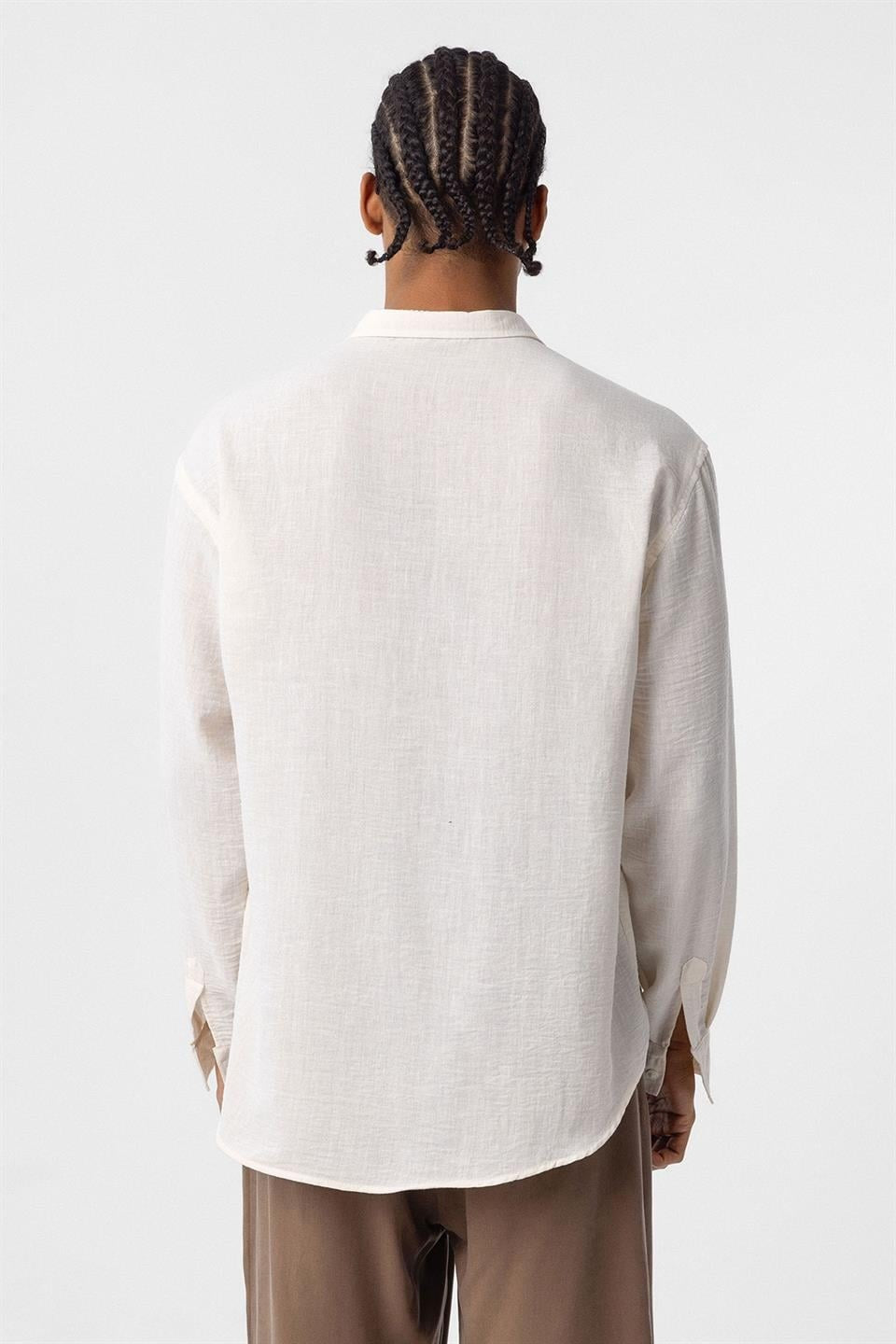 Basic Oversize Uzun Kol Keten Görünümlü Gömlek