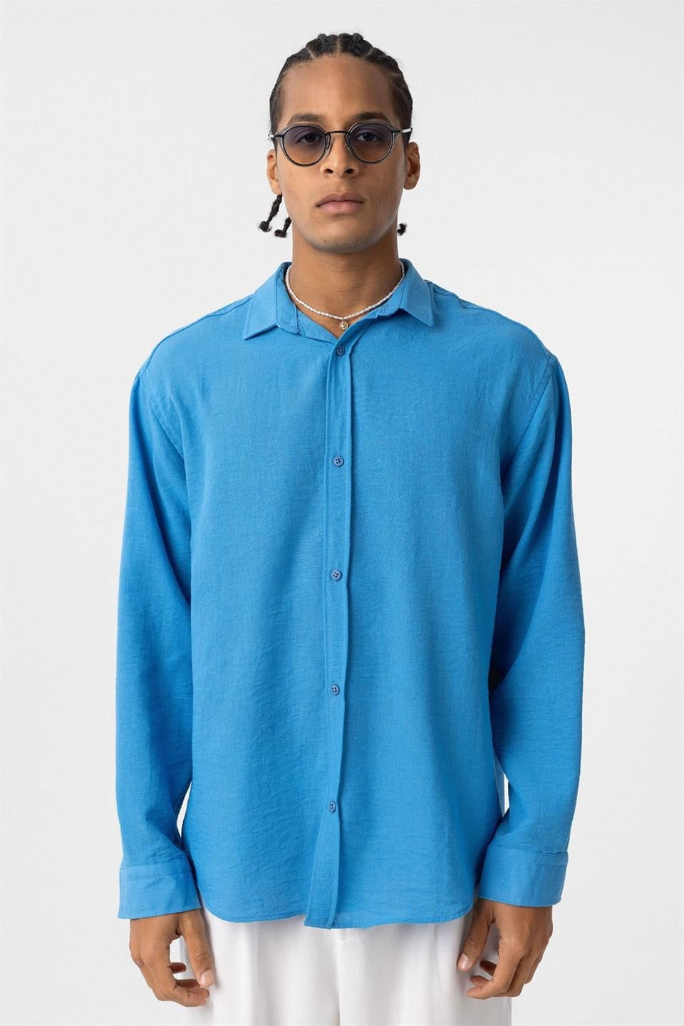 Basic Oversize Uzun Kol Keten Görünümlü Gömlek