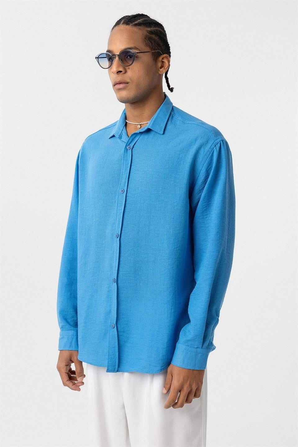 Basic Oversize Uzun Kol Keten Görünümlü Gömlek