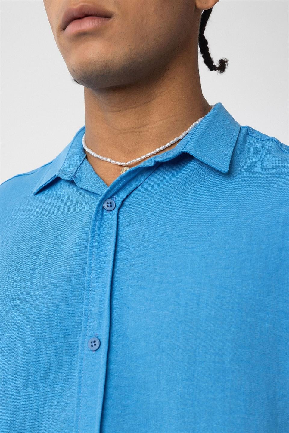 Basic Oversize Uzun Kol Keten Görünümlü Gömlek