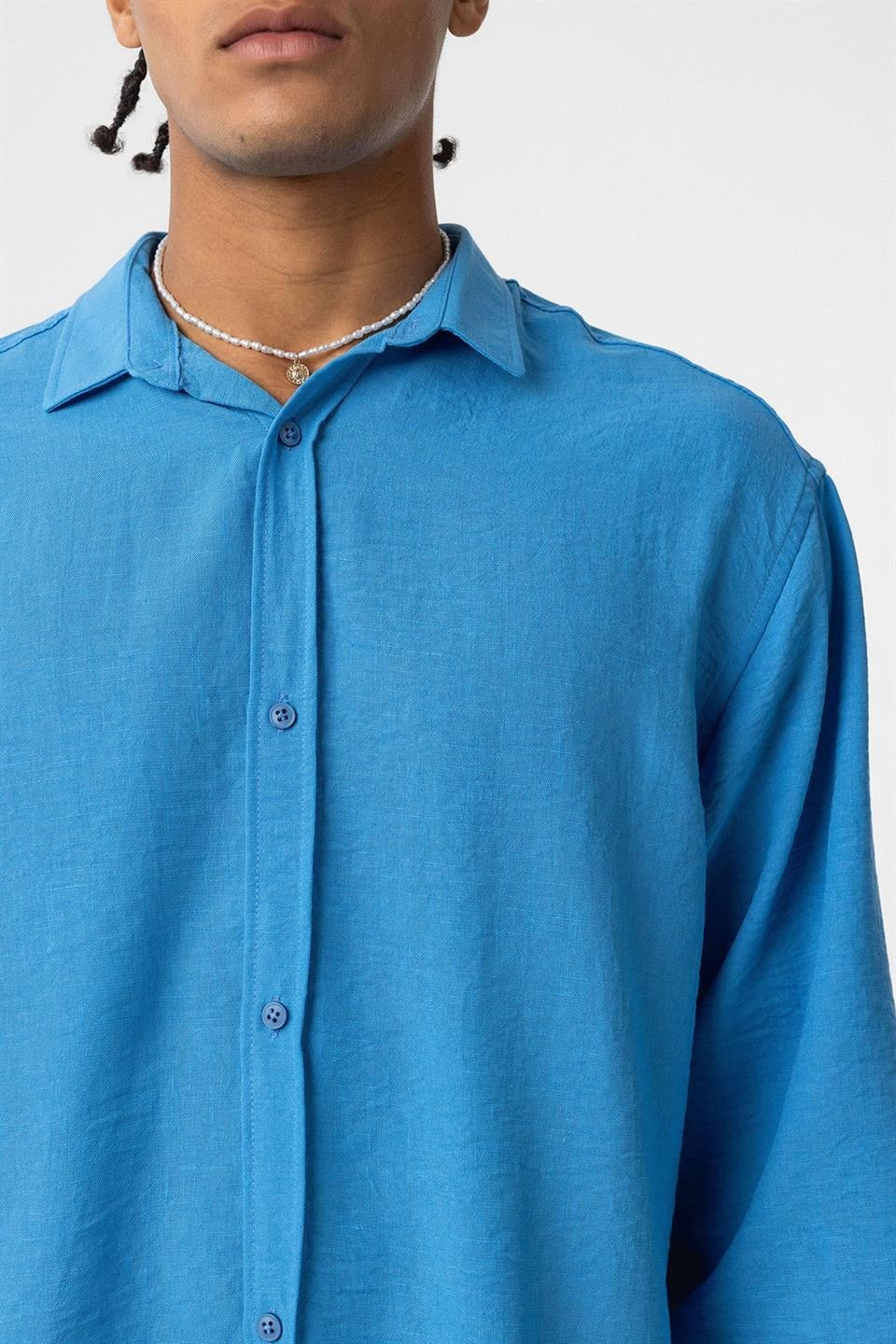 Basic Oversize Uzun Kol Keten Görünümlü Gömlek