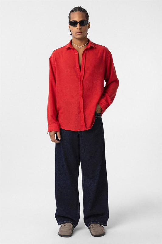 Basic Oversize Uzun Kol Keten Görünümlü Gömlek