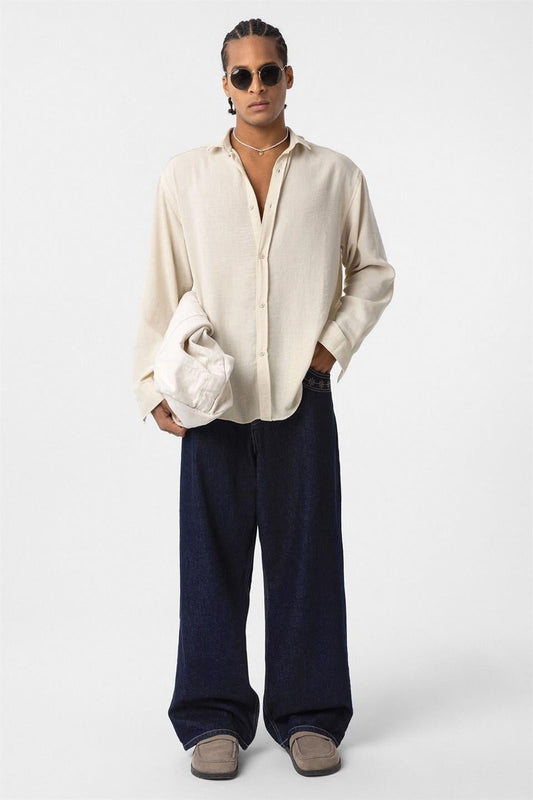 Basic Oversize Uzun Kol Keten Görünümlü Gömlek