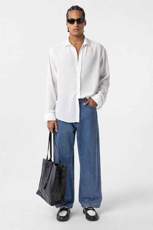 Basic Oversize Uzun Kol Keten Görünümlü Gömlek