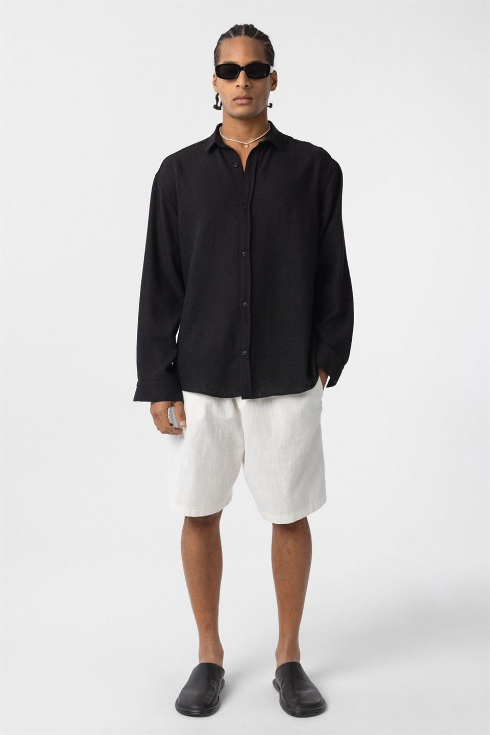 Basic Oversize Uzun Kol Keten Görünümlü Gömlek