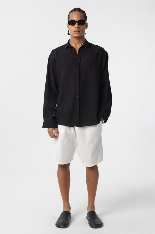 Basic Oversize Uzun Kol Keten Görünümlü Gömlek