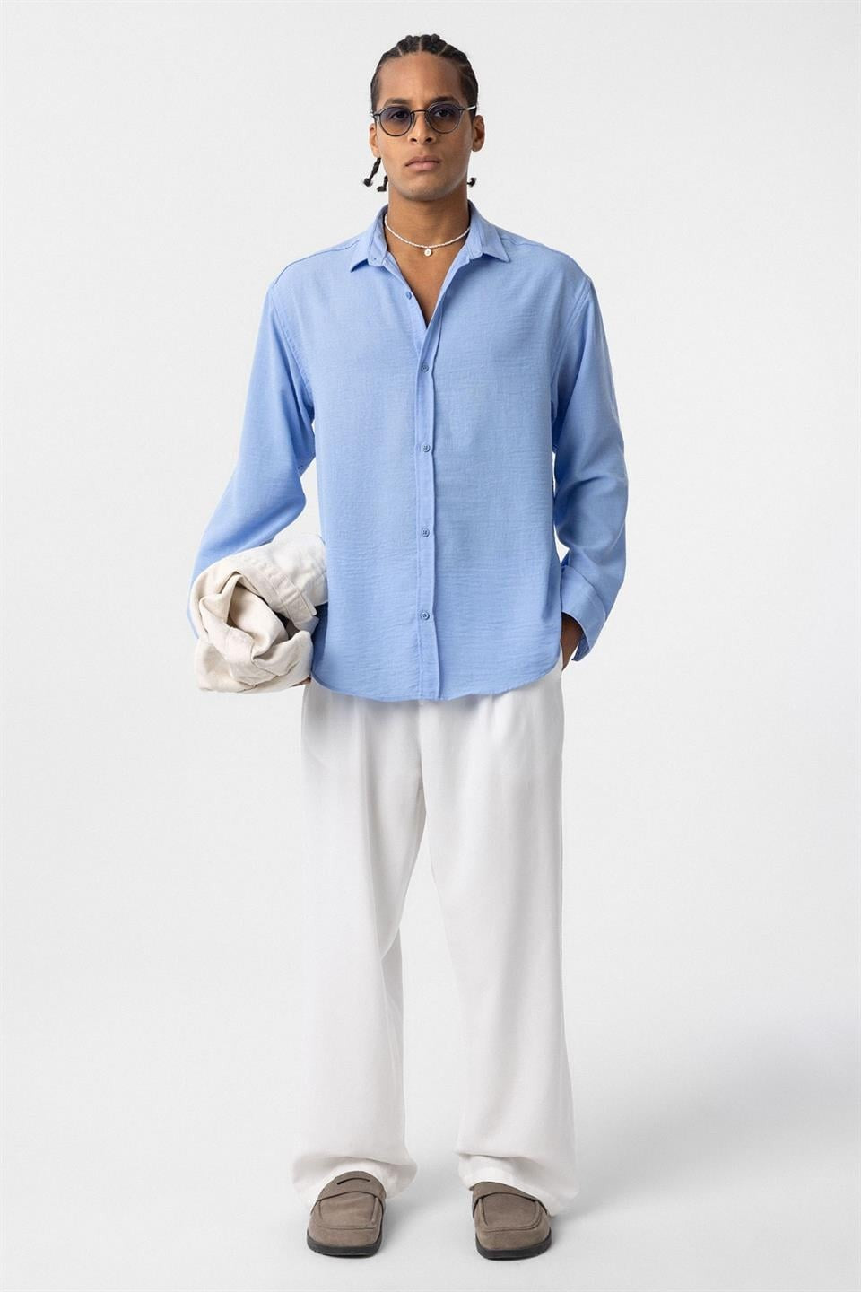 Basic Oversize Uzun Kol Keten Görünümlü Gömlek