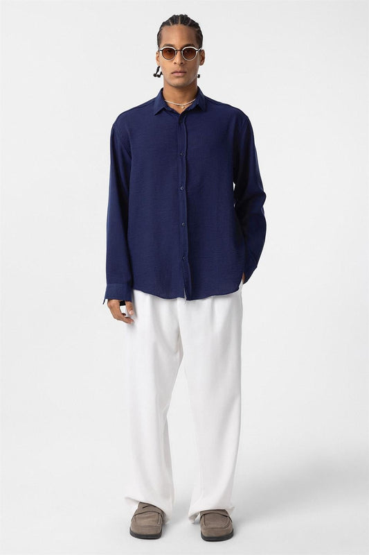 Basic Oversize Uzun Kol Keten Görünümlü Gömlek