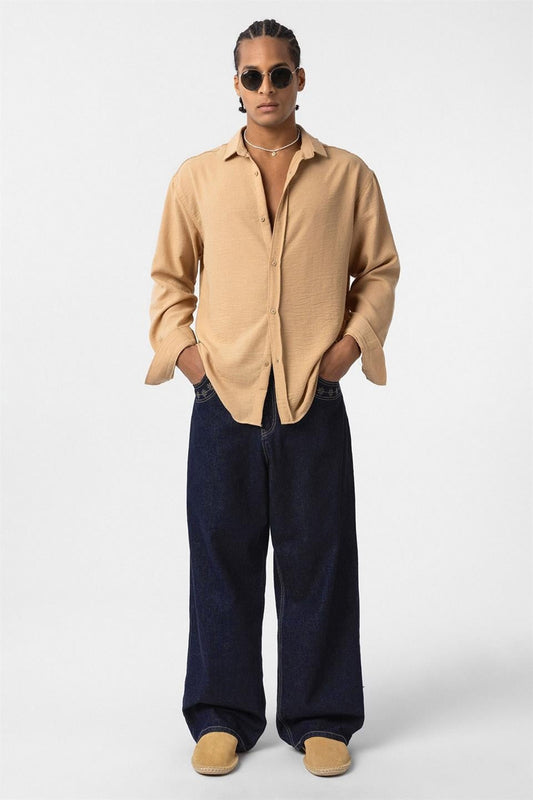 Basic Oversize Uzun Kol Keten Görünümlü Gömlek