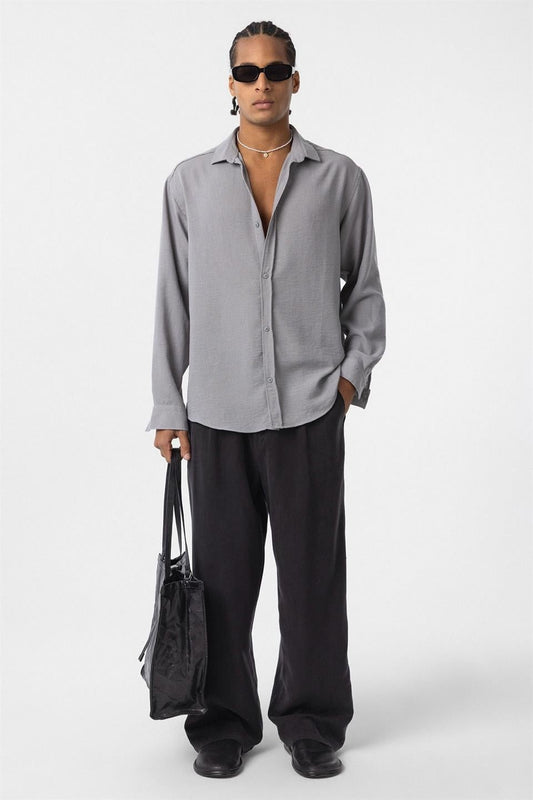 Basic Oversize Uzun Kol Keten Görünümlü Gömlek