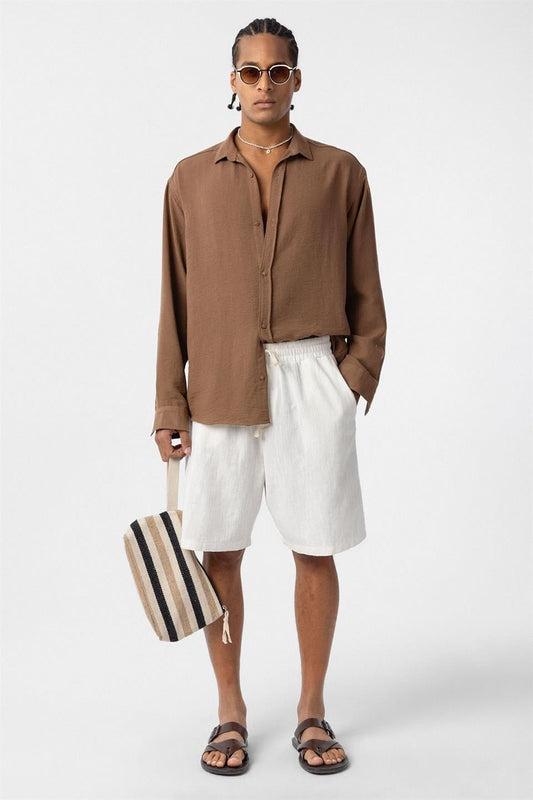 Basic Oversize Uzun Kol Keten Görünümlü Gömlek