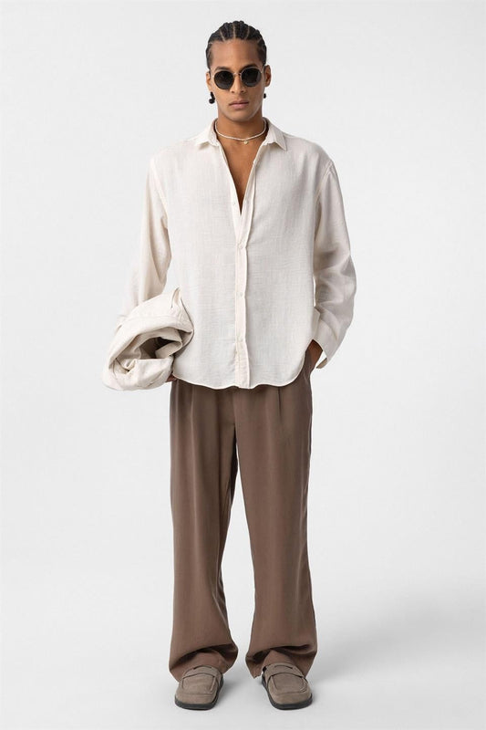Basic Oversize Uzun Kol Keten Görünümlü Gömlek