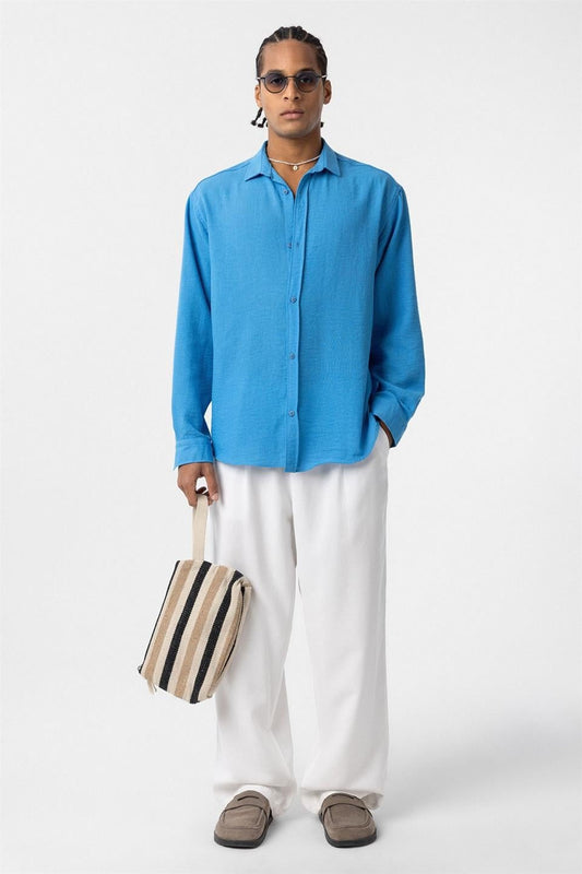 Basic Oversize Uzun Kol Keten Görünümlü Gömlek