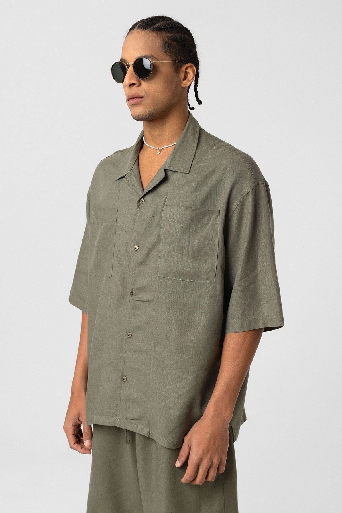 Çift Cepli Oversize Keten Gömlek