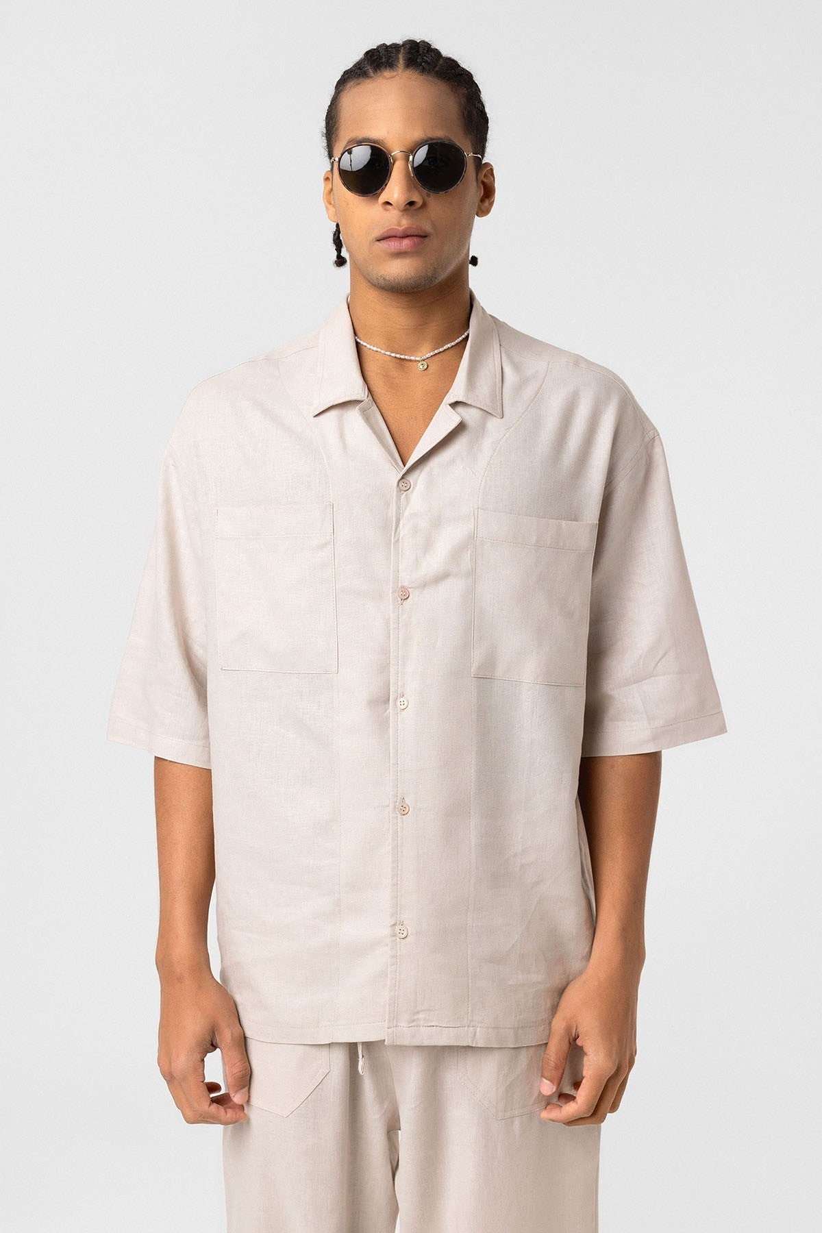 Çift Cepli Oversize Keten Gömlek