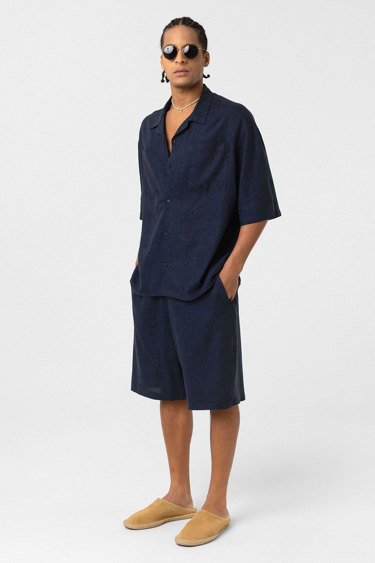 Çift Cepli Oversize Keten Gömlek