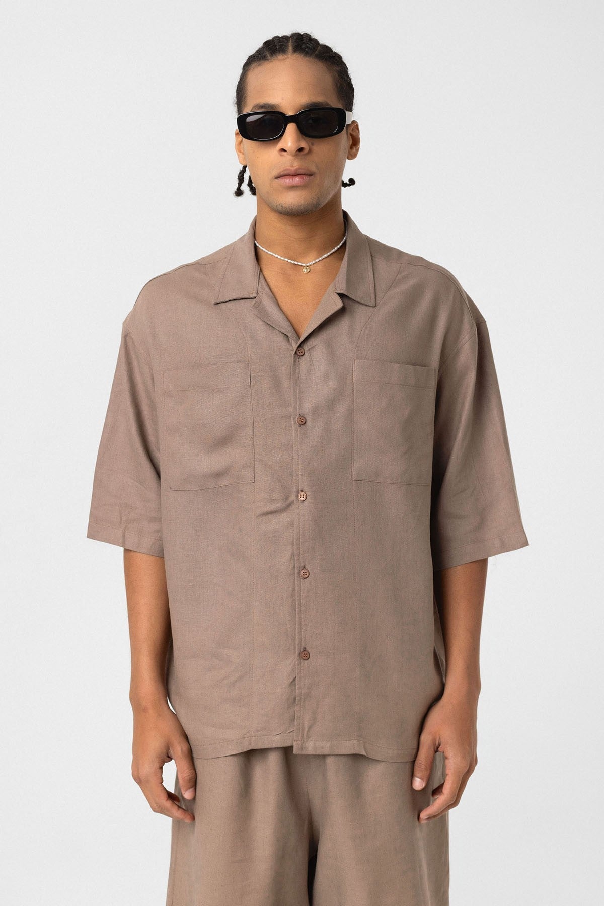 Çift Cepli Oversize Keten Gömlek