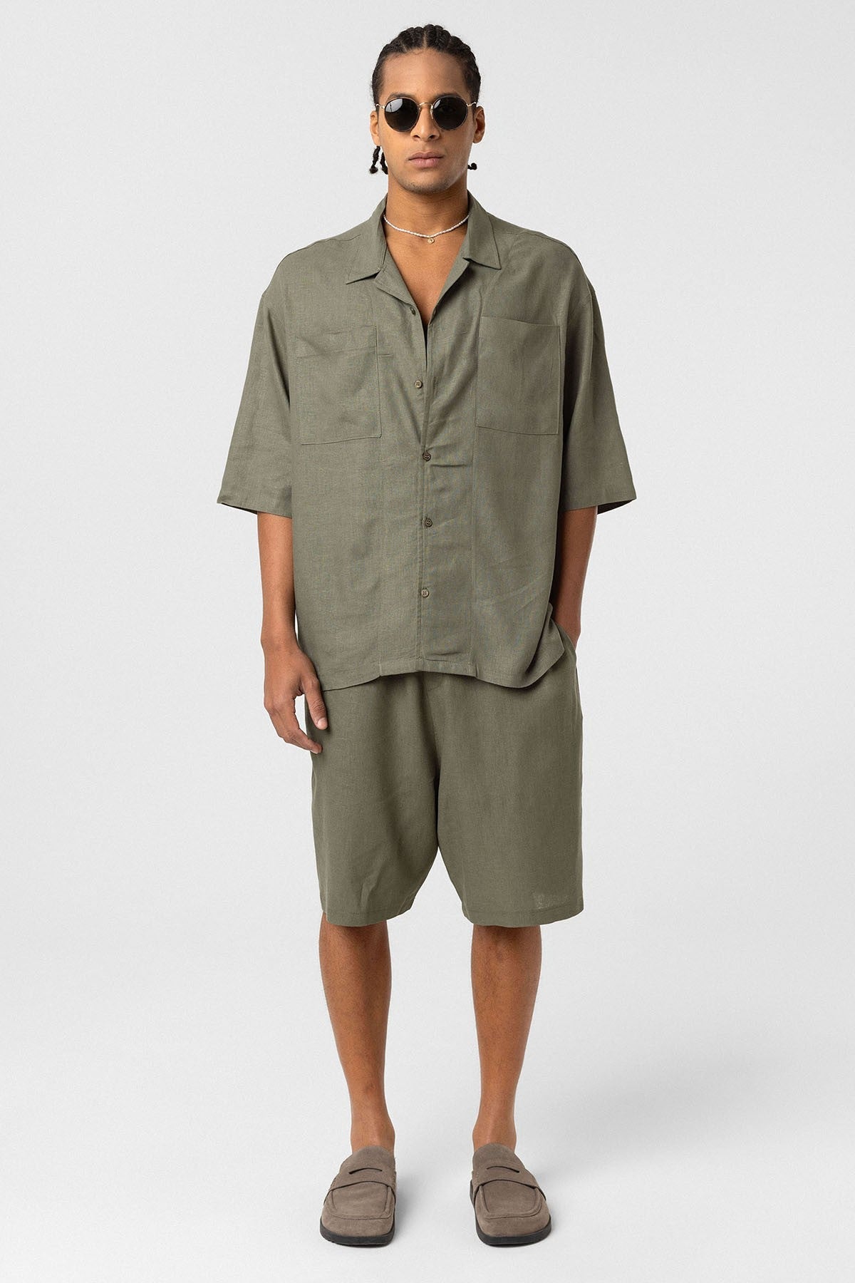 Çift Cepli Oversize Keten Gömlek