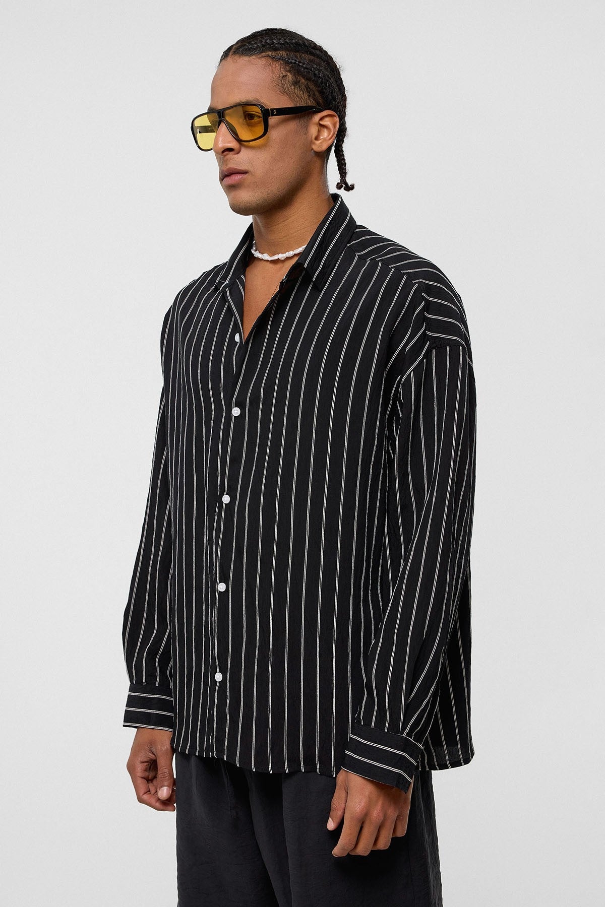 Oversize Çizgili Uzun Kol Gömlek