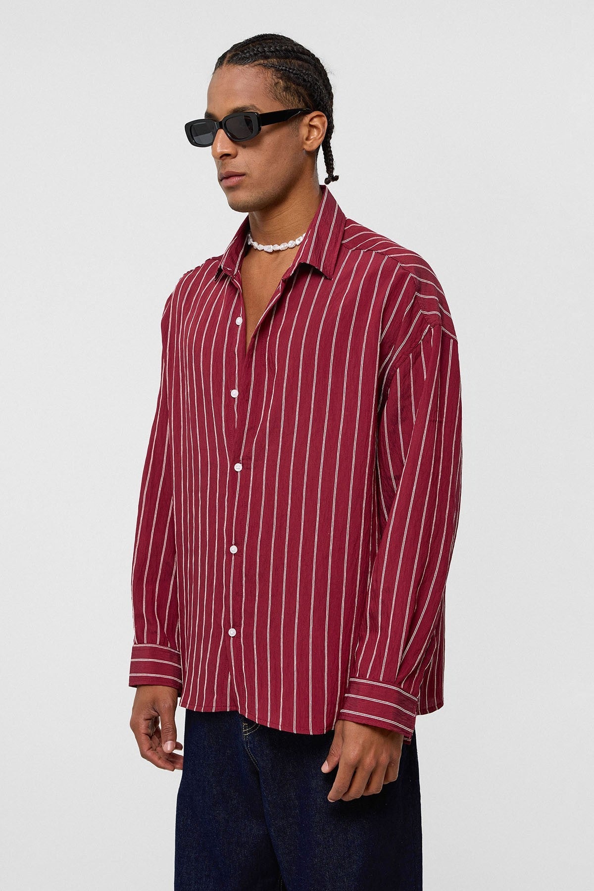 Oversize Çizgili Uzun Kol Gömlek