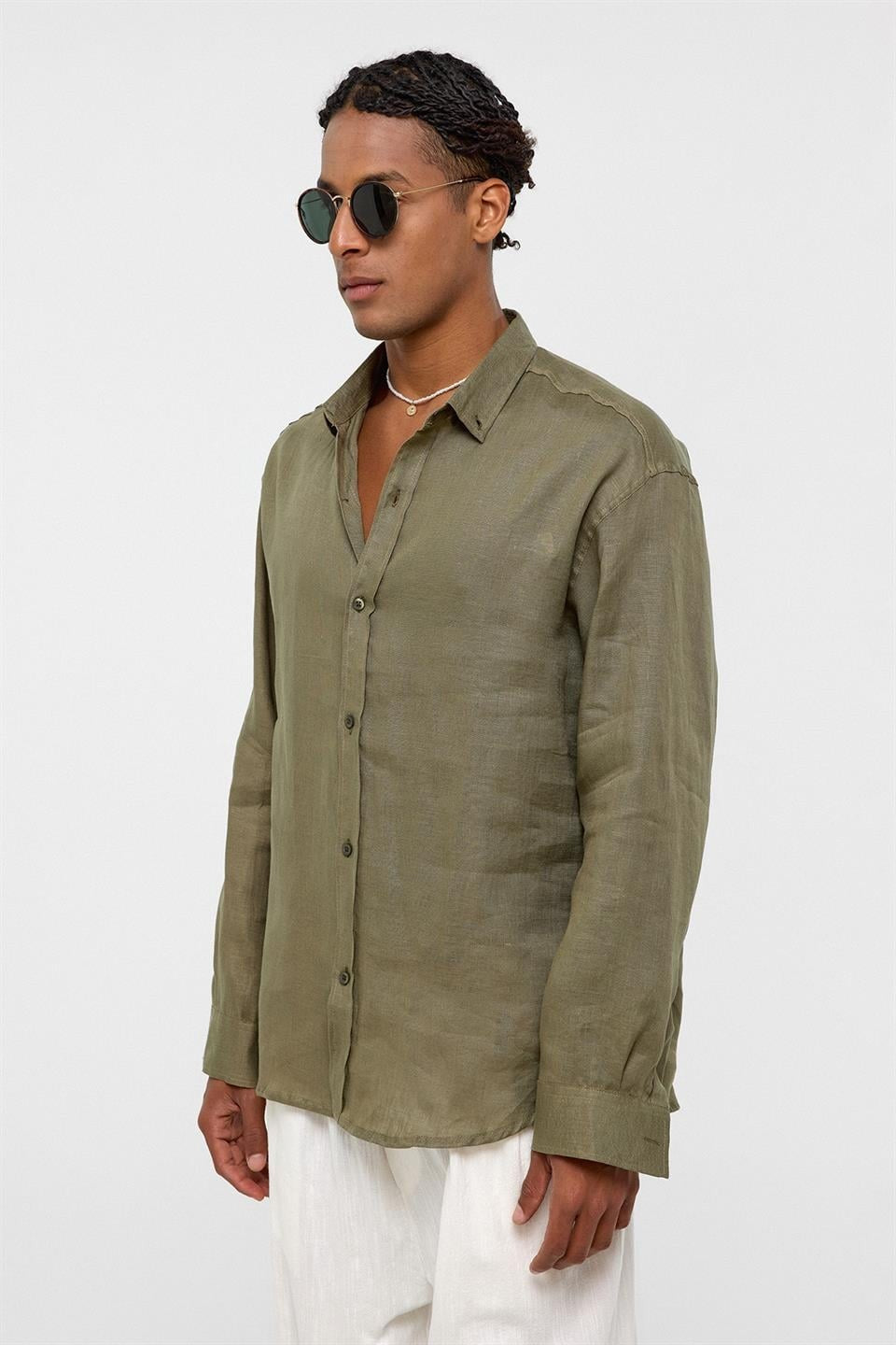 %100 Keten Oversize Uzun Kollu Gömlek