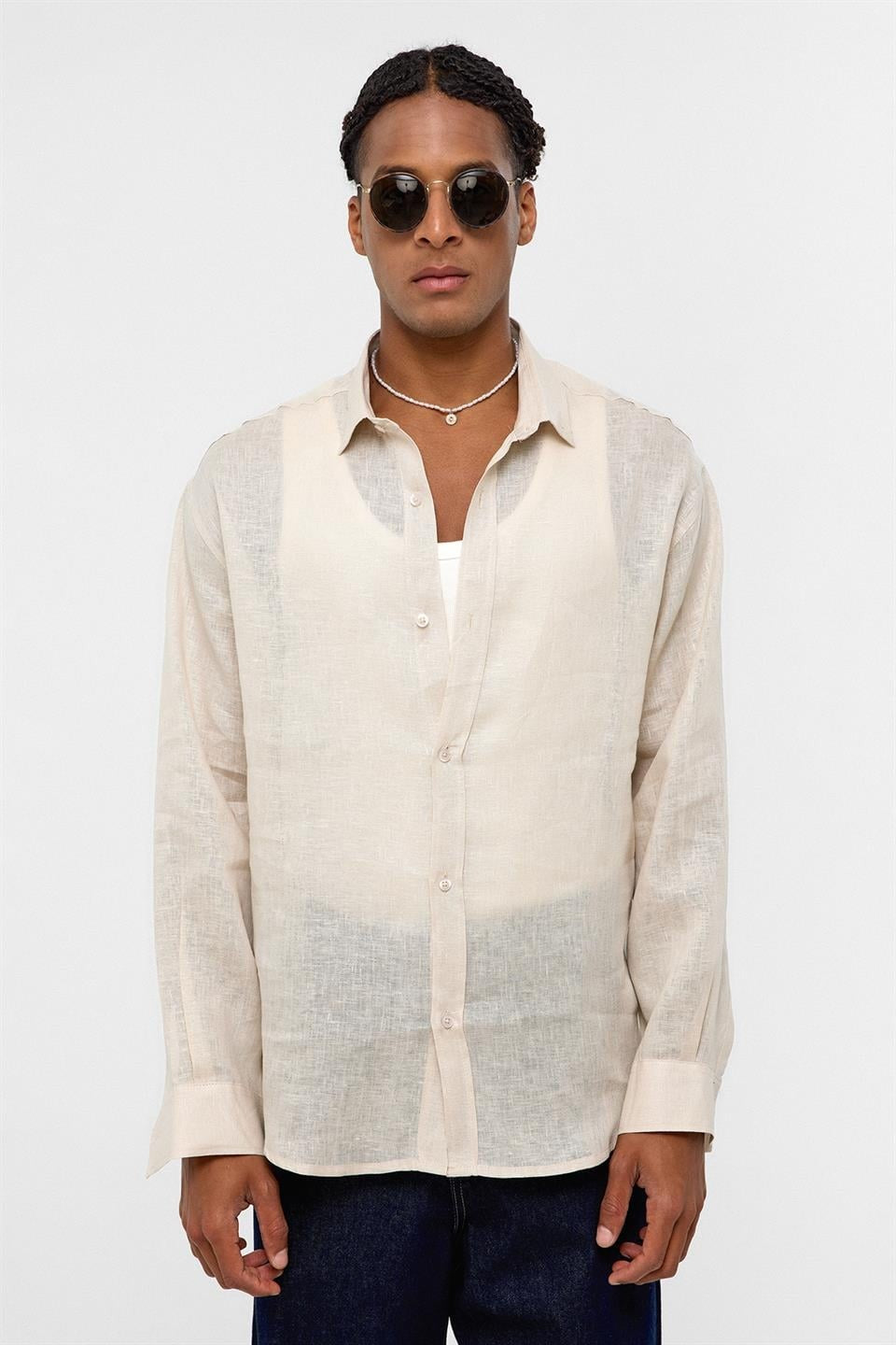 %100 Keten Oversize Uzun Kollu Gömlek
