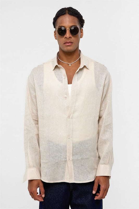 %100 Keten Oversize Uzun Kollu Gömlek