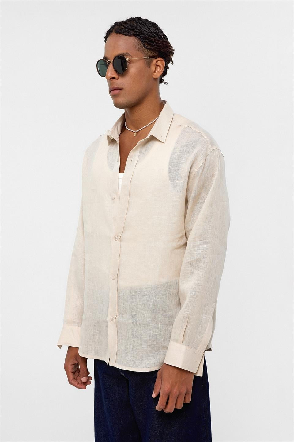 %100 Keten Oversize Uzun Kollu Gömlek
