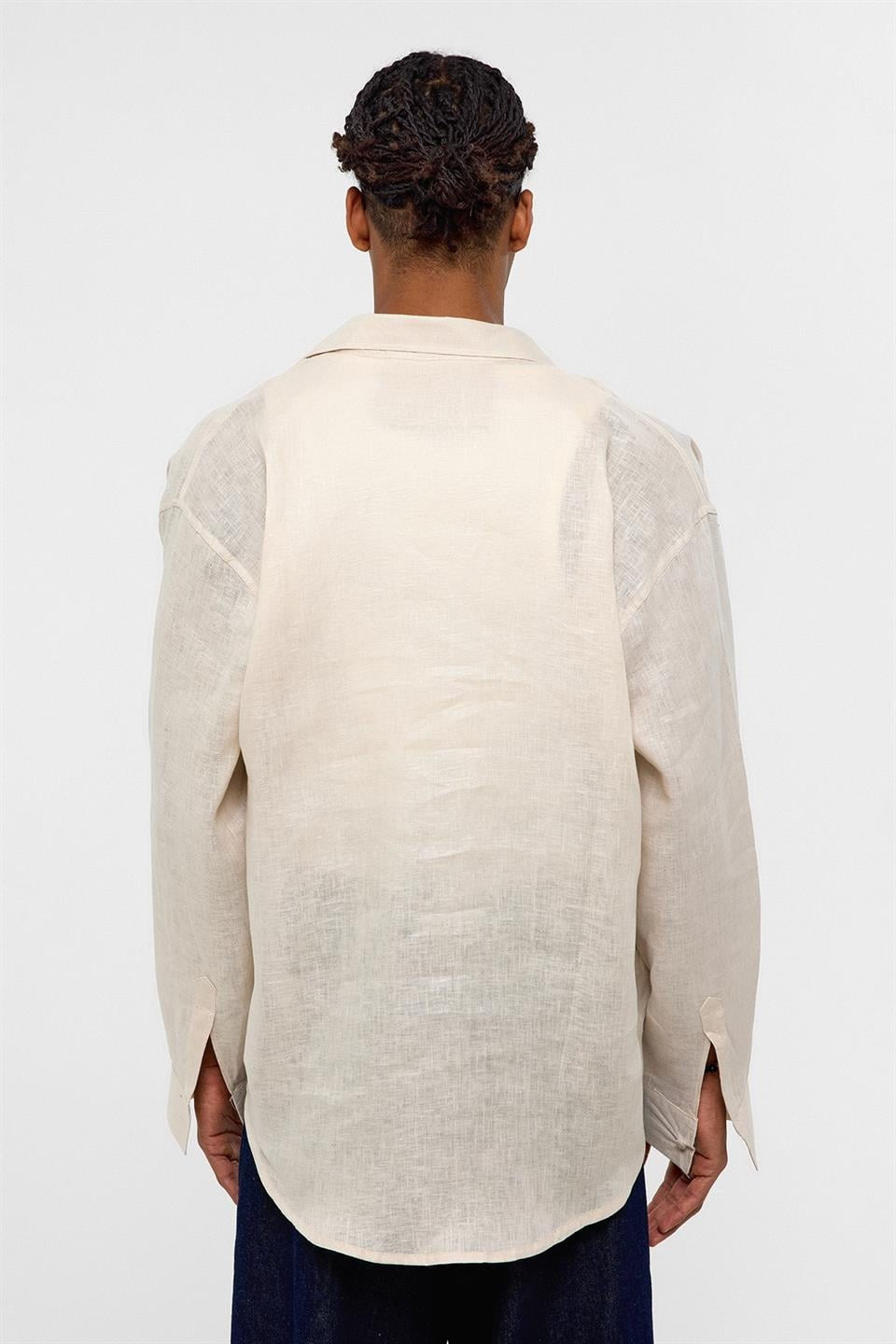 %100 Keten Oversize Uzun Kollu Gömlek