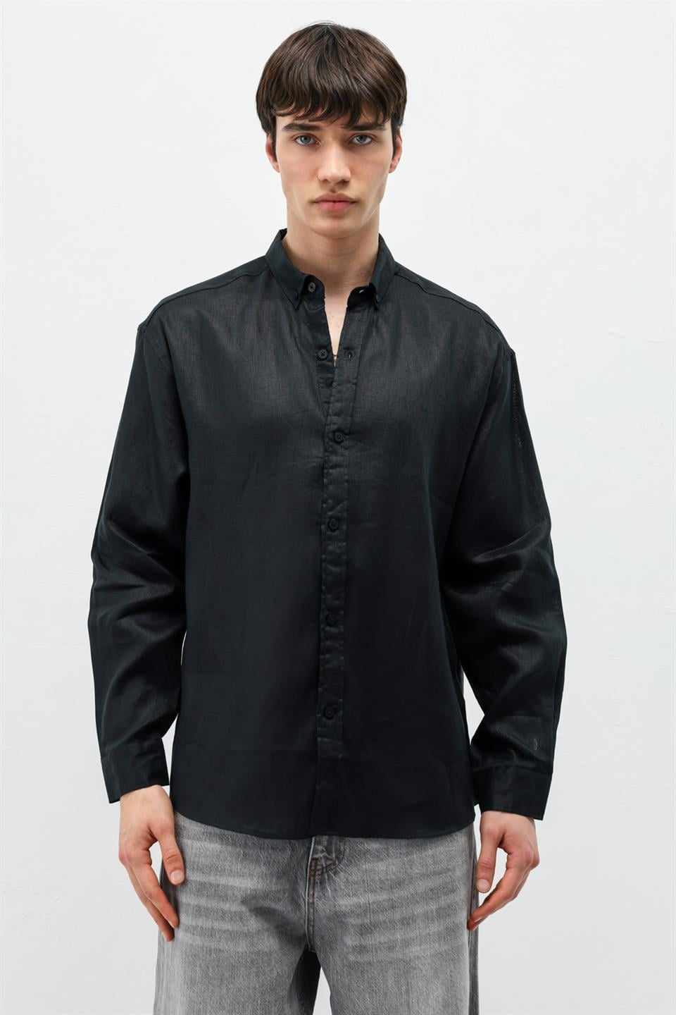 %100 Keten Oversize Uzun Kollu Gömlek