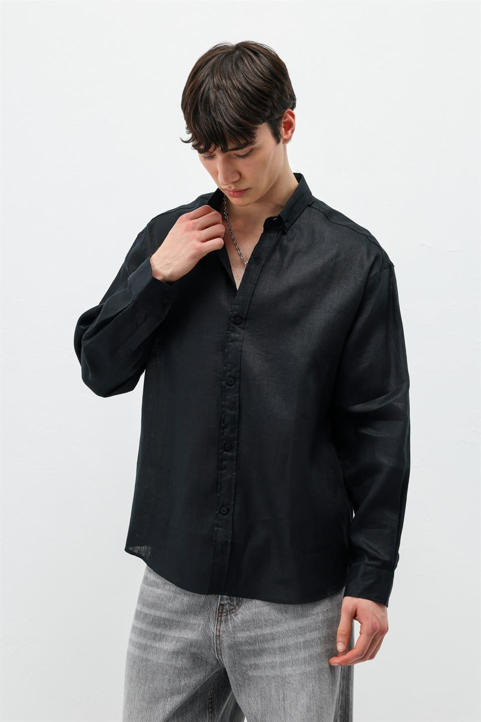 %100 Keten Oversize Uzun Kollu Gömlek