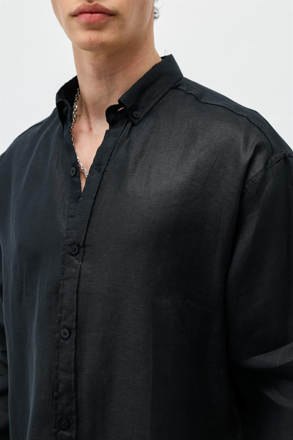 %100 Keten Oversize Uzun Kollu Gömlek