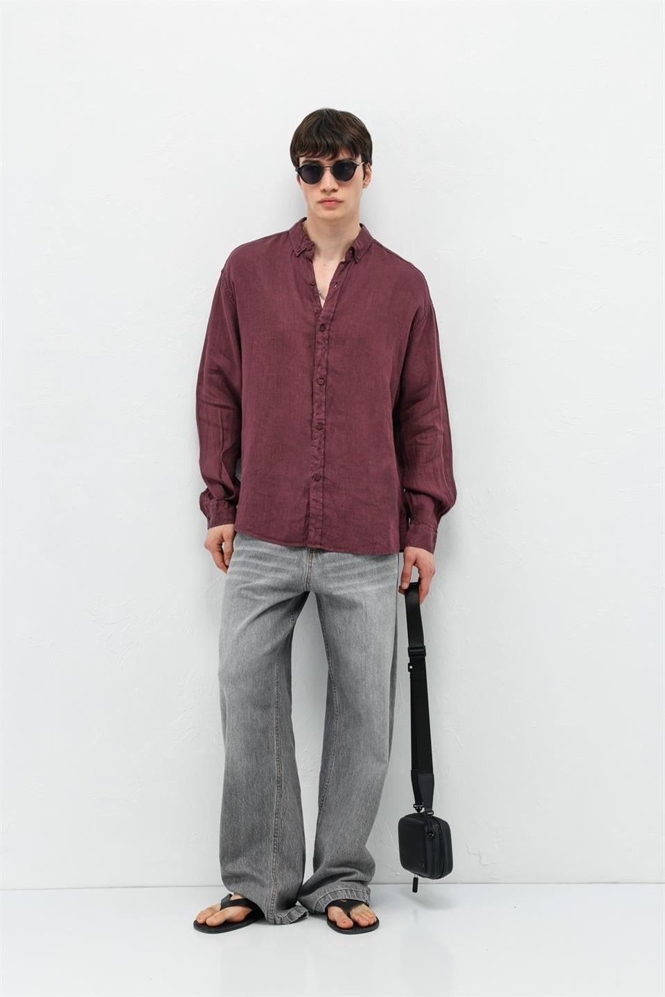 %100 Keten Oversize Uzun Kollu Gömlek