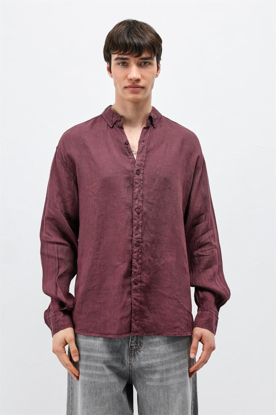 %100 Keten Oversize Uzun Kollu Gömlek