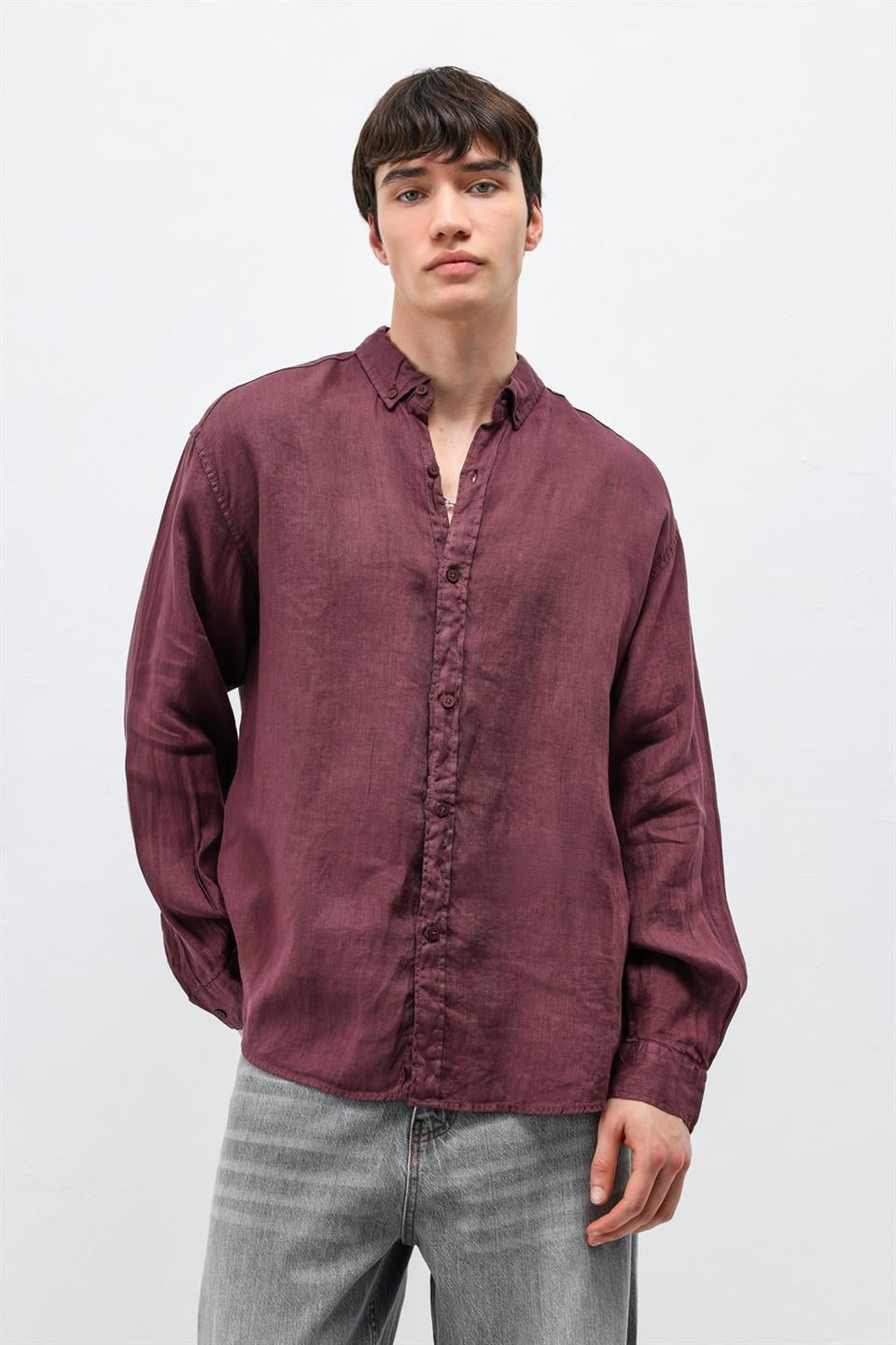 %100 Keten Oversize Uzun Kollu Gömlek