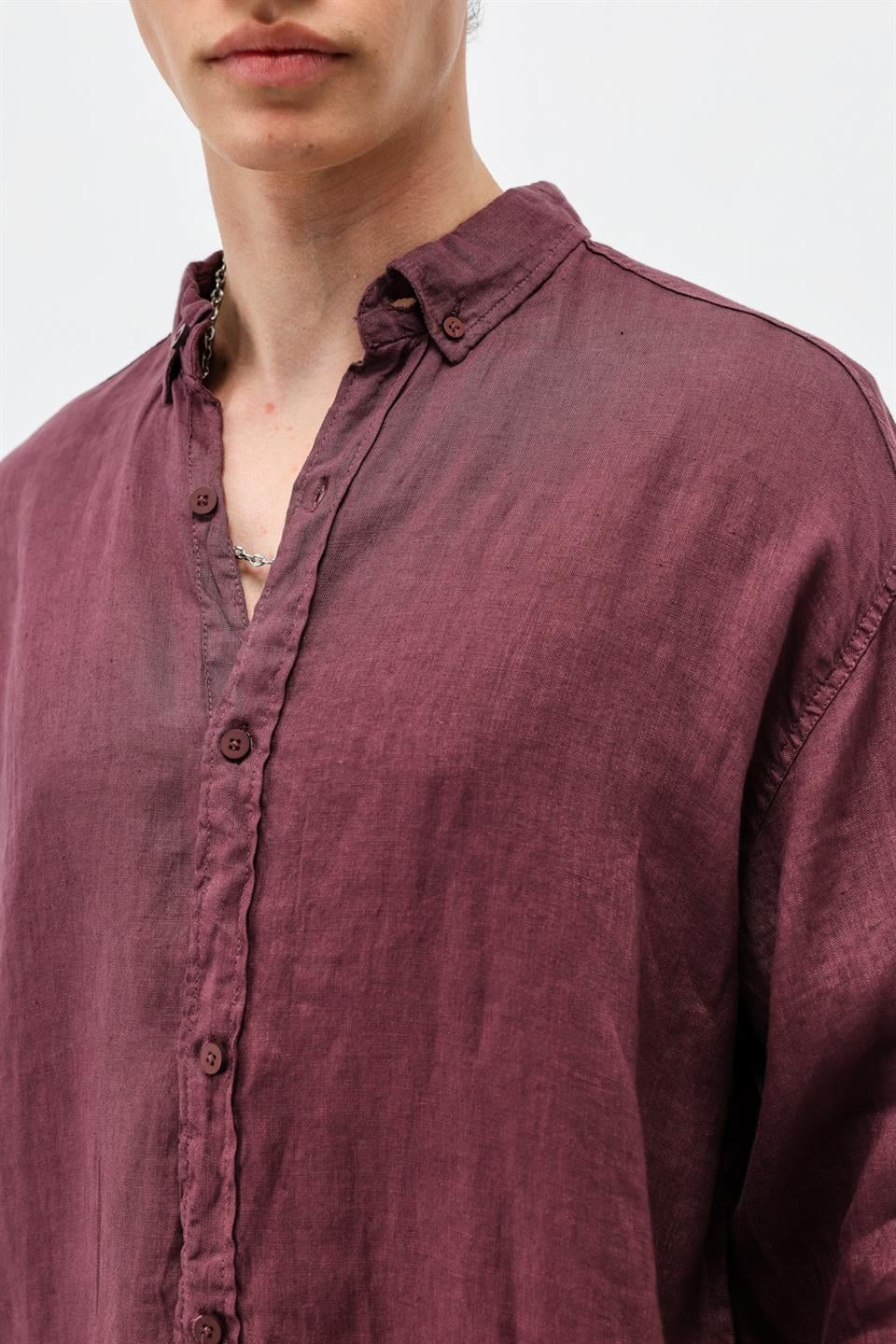 %100 Keten Oversize Uzun Kollu Gömlek