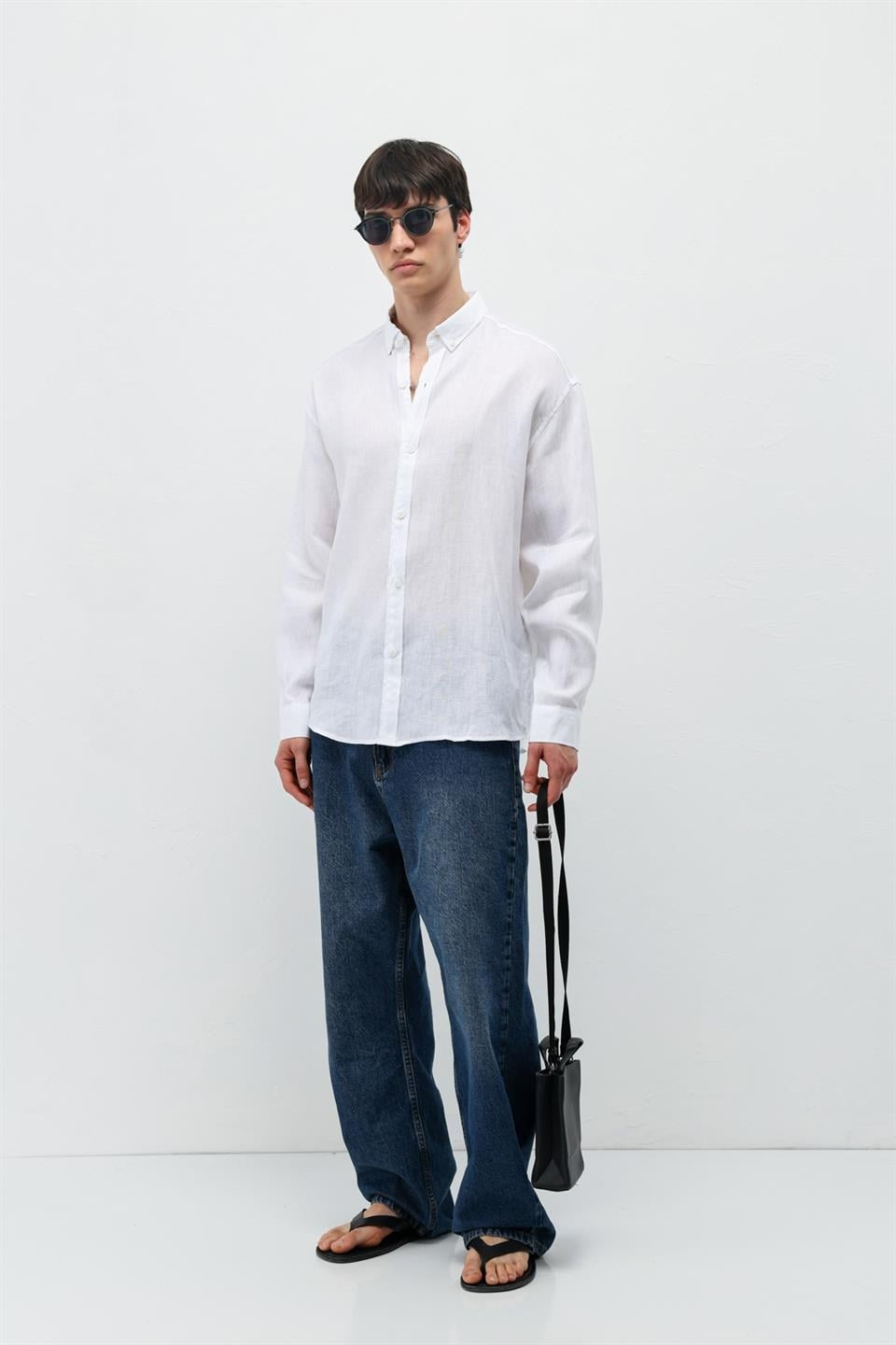 %100 Keten Oversize Uzun Kollu Gömlek