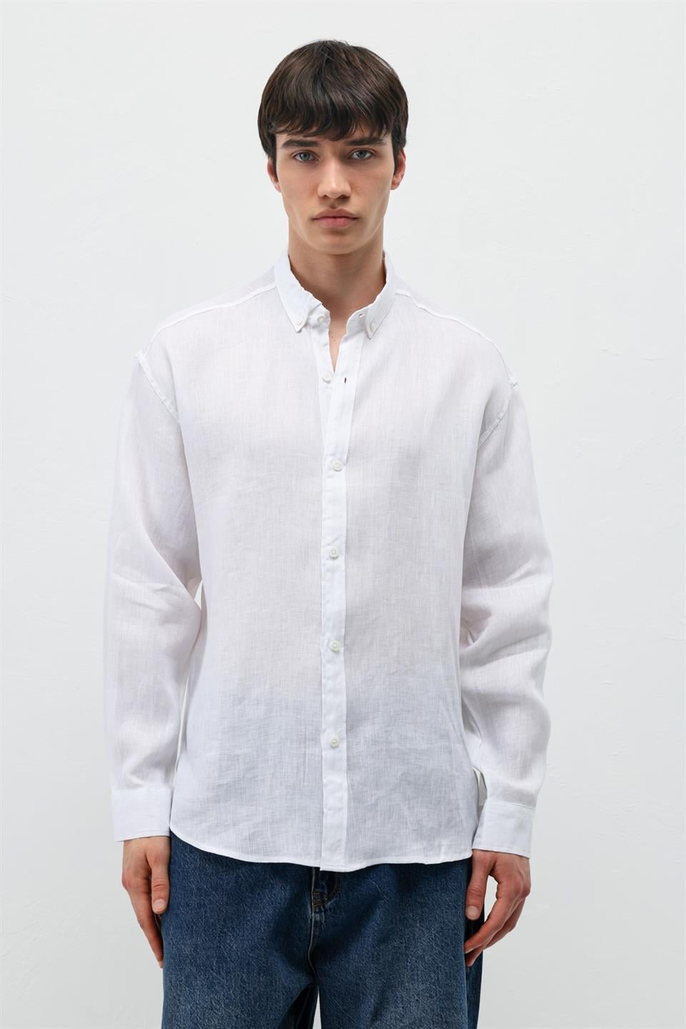 %100 Keten Oversize Uzun Kollu Gömlek