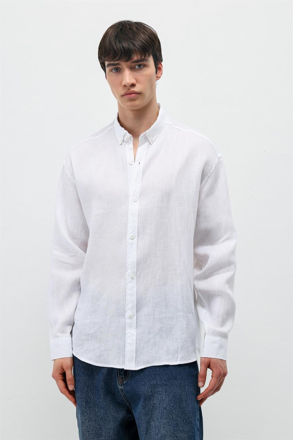 %100 Keten Oversize Uzun Kollu Gömlek