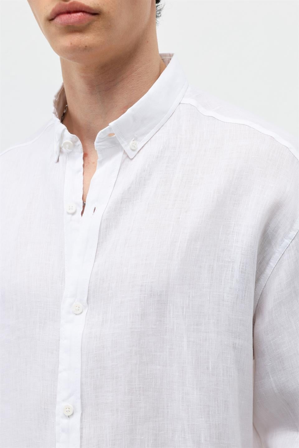%100 Keten Oversize Uzun Kollu Gömlek