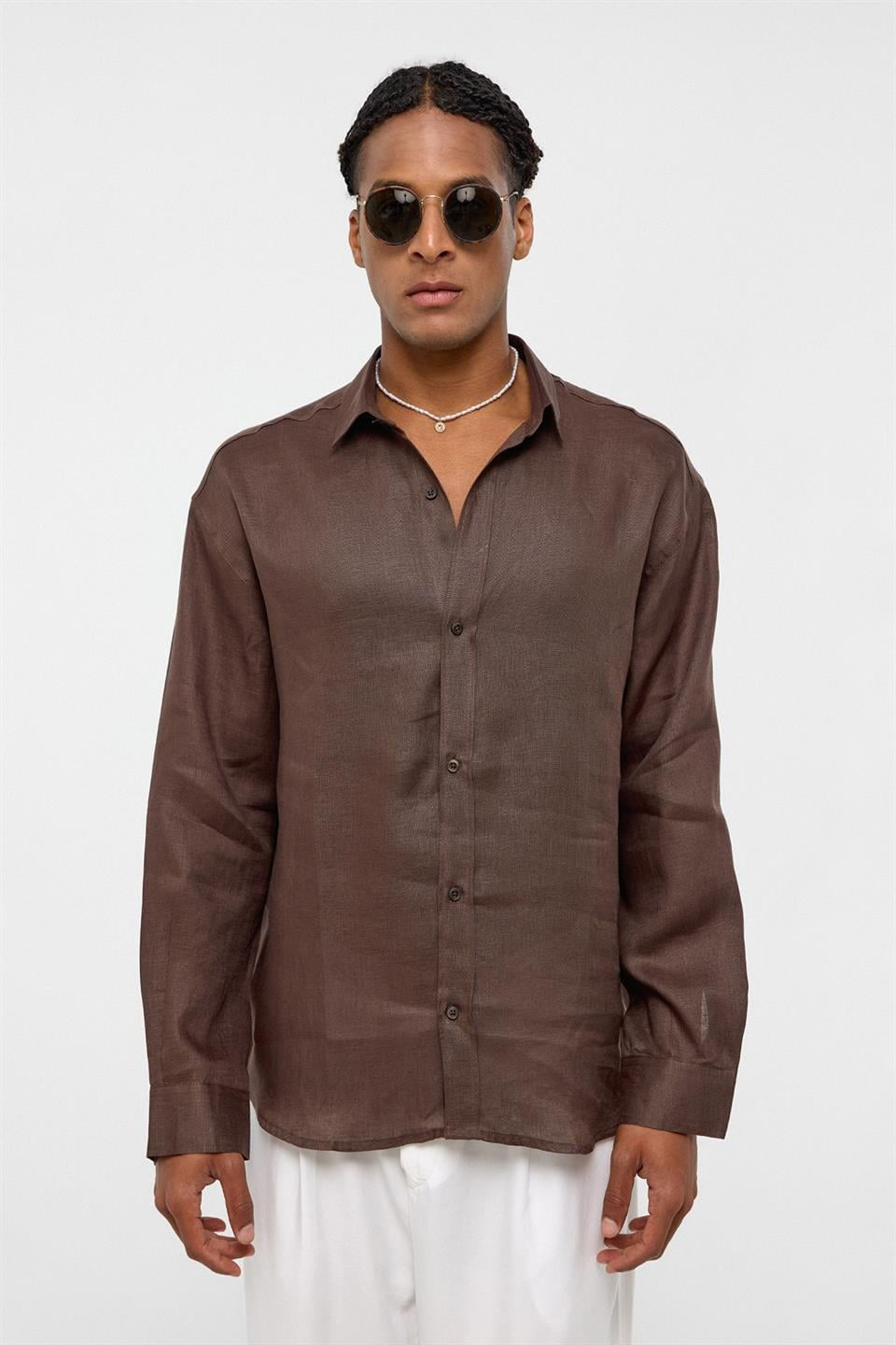 %100 Keten Oversize Uzun Kollu Gömlek