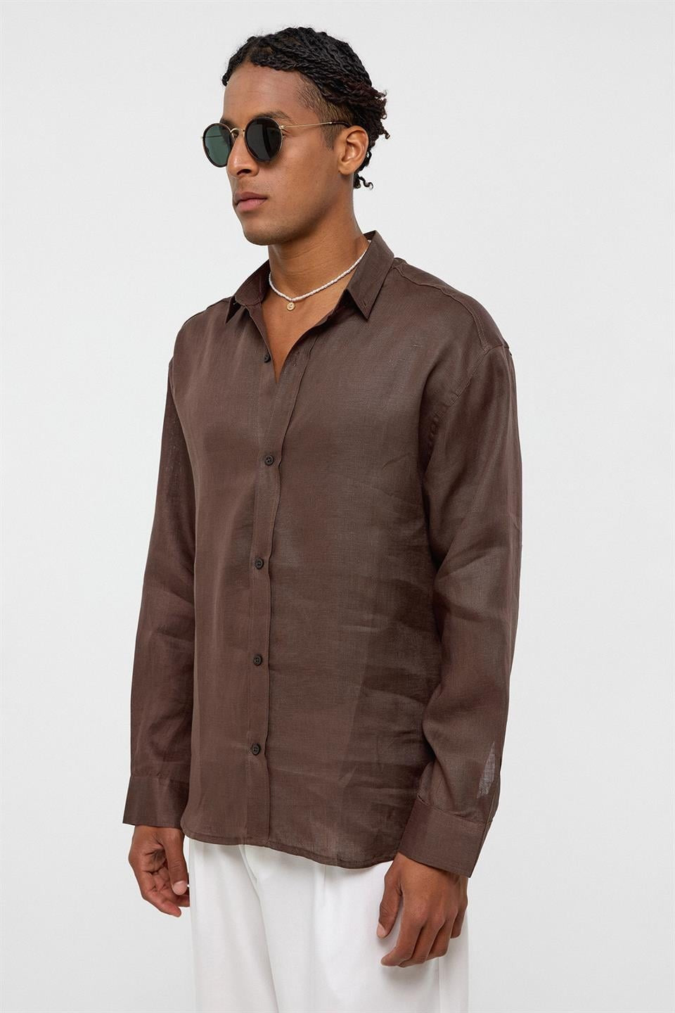 %100 Keten Oversize Uzun Kollu Gömlek