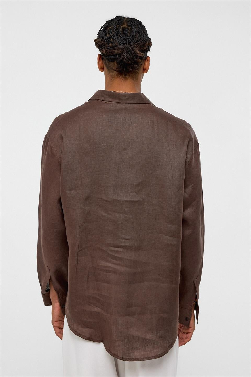 %100 Keten Oversize Uzun Kollu Gömlek