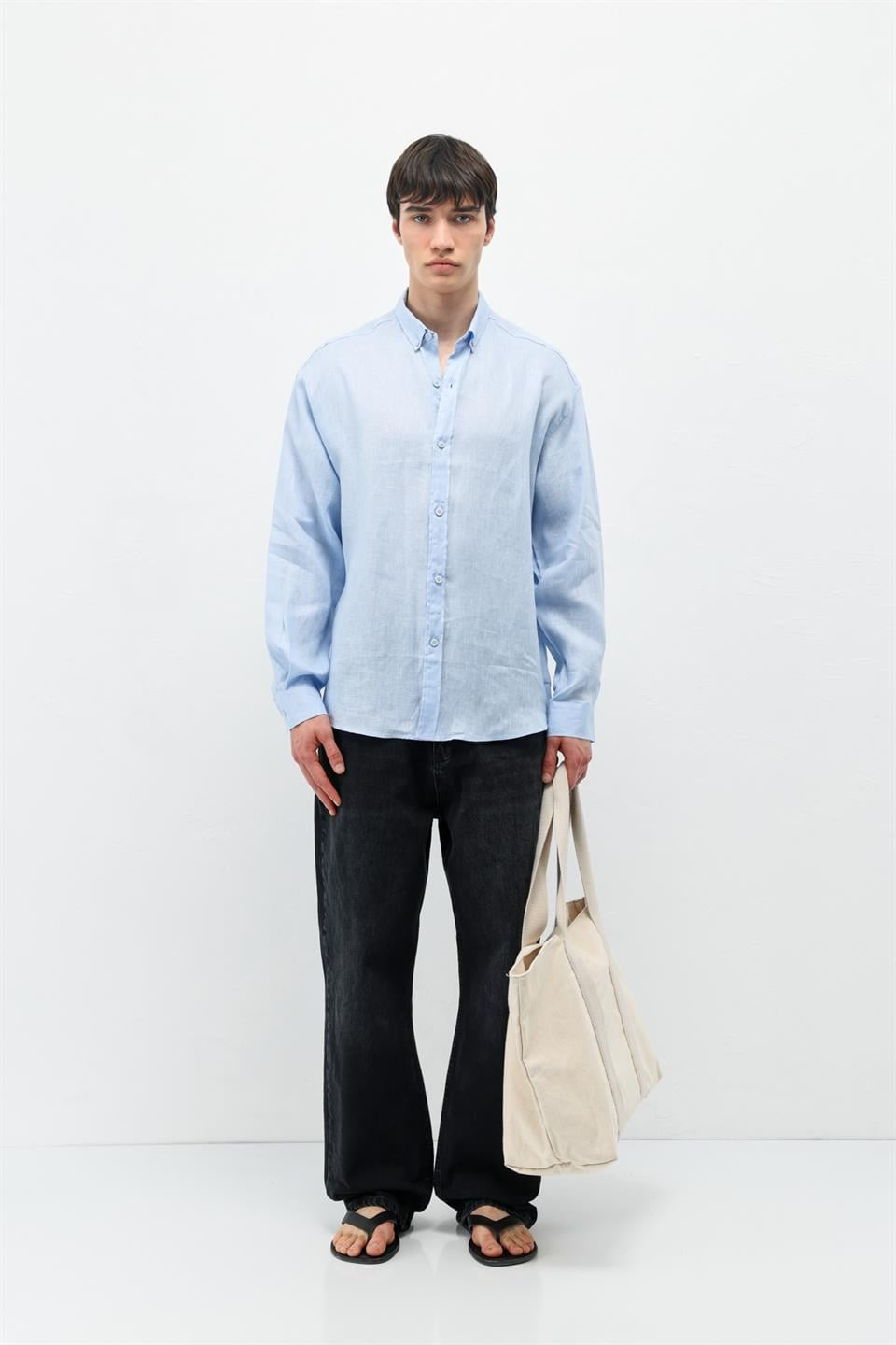 %100 Keten Oversize Uzun Kollu Gömlek