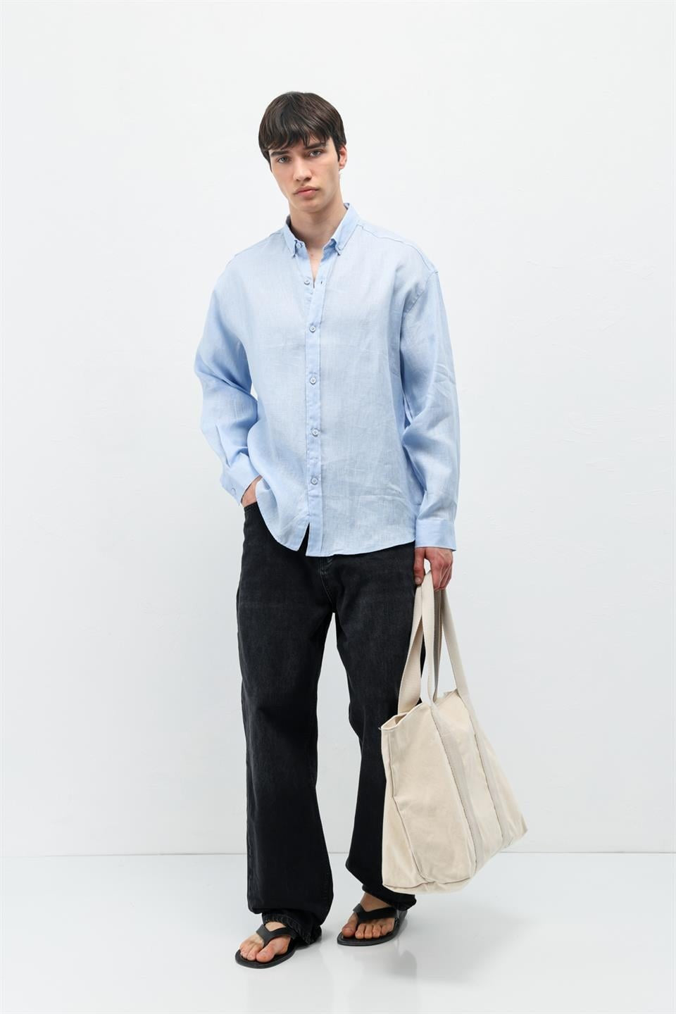 %100 Keten Oversize Uzun Kollu Gömlek